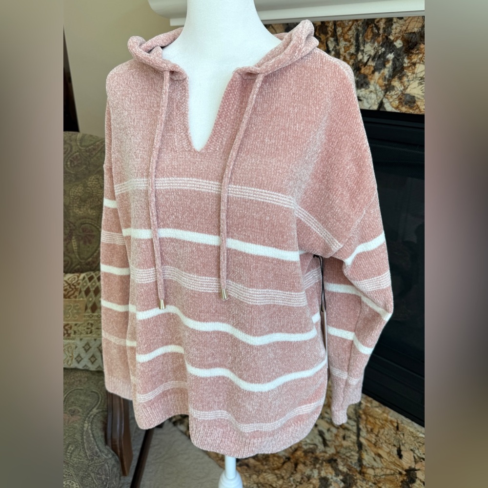 NWT Rachel Zoe Medium Pink and White Striped Hooded Chenille Sweater.